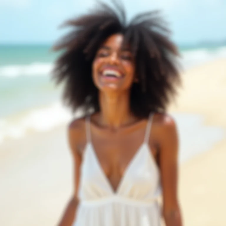 Mulher negra sorrindo em praia paradisíaca de Jericoacoara