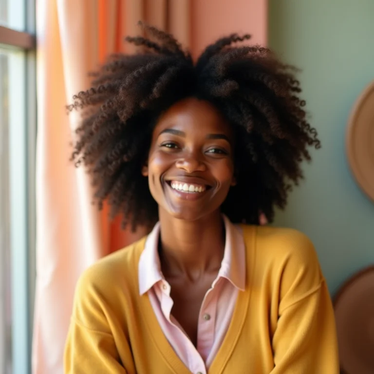 Mulher negra sorrindo em um quarto com tons pastel