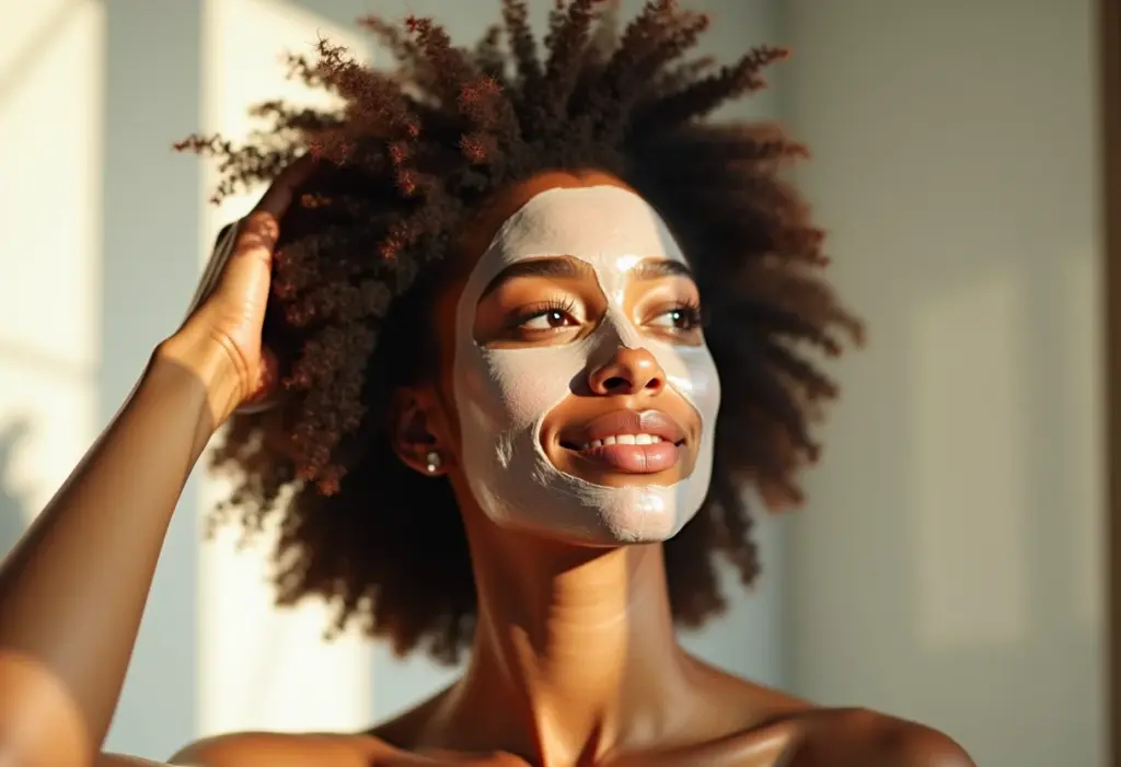 Mulher negra sorrindo enquanto aplica máscara de hidratação no cabelo cacheado