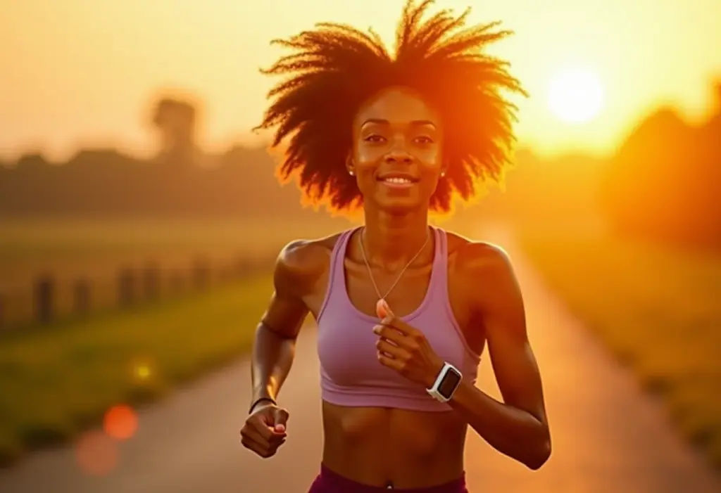 Mulher negra sorrindo enquanto corre com frequencímetro