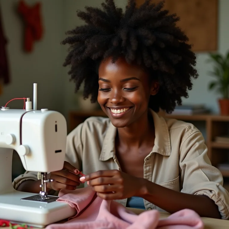 Mulher negra sorrindo enquanto costura