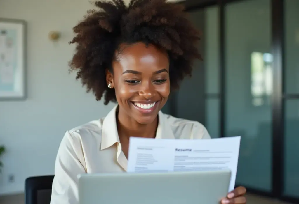 Mulher negra sorrindo enquanto edita currículo em template do Word.