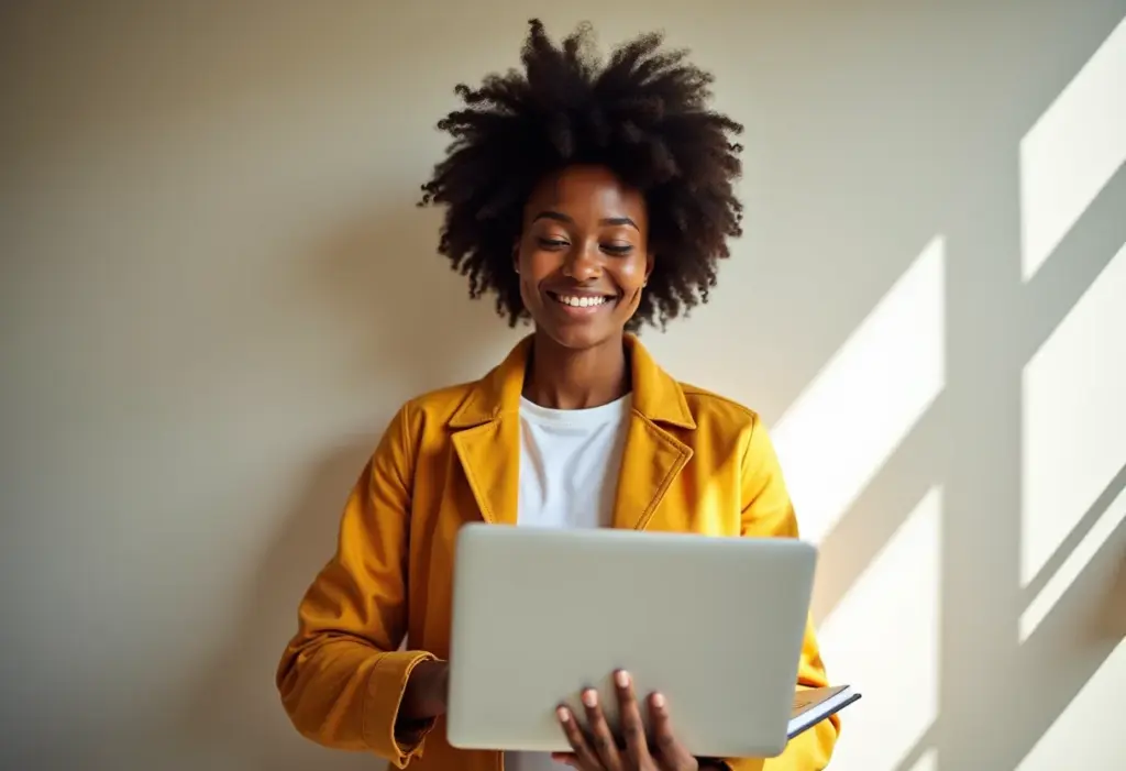 Mulher negra sorrindo enquanto equilibra trabalho e estudo