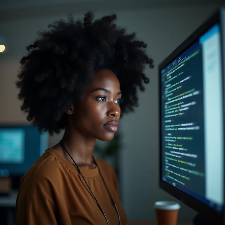 Mulher negra sorrindo enquanto interage com tela de computador com código blockchain.