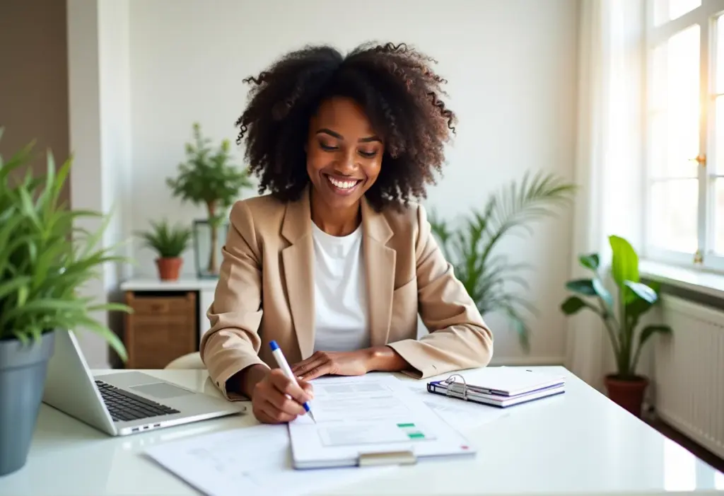 Mulher negra sorrindo enquanto organiza suas finanças com a planilha impressa.