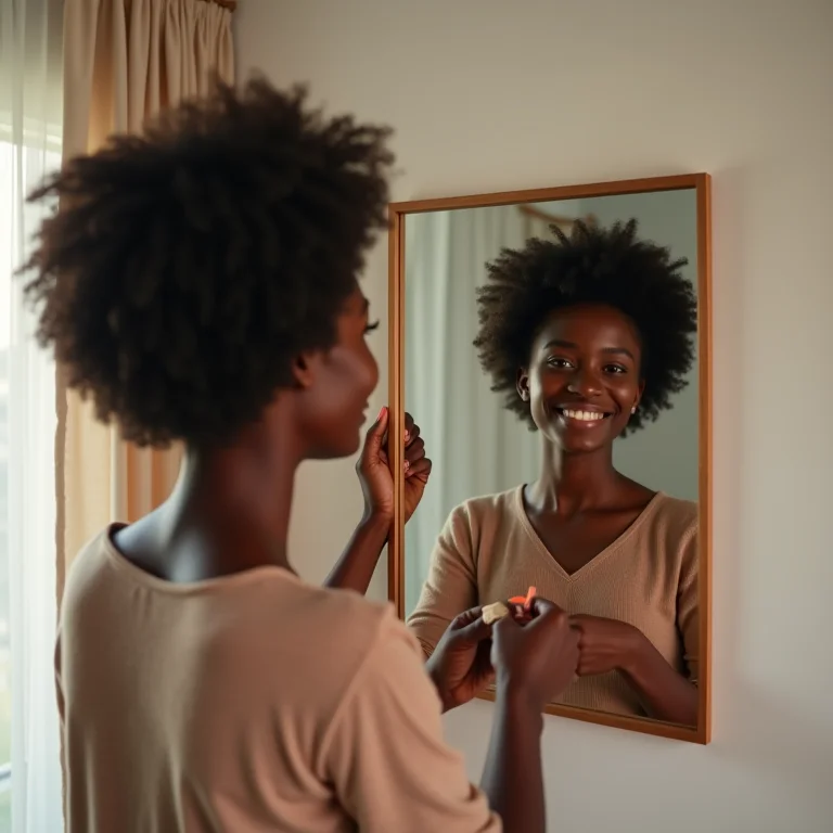 Mulher negra sorrindo enquanto pendura espelho com fita dupla face