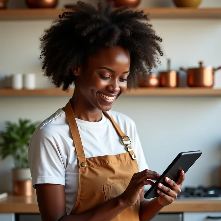Mulher negra sorrindo enquanto pesquisa avaliações de restaurantes em um tablet.