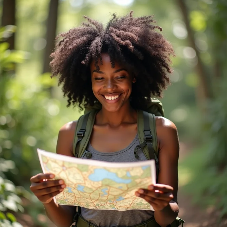 Mulher negra sorrindo enquanto planeja sua aventura na Chapada Diamantina.