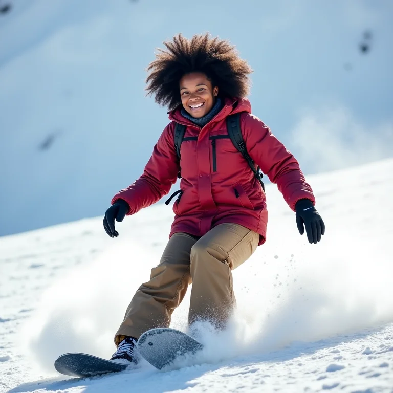 Mulher negra sorrindo enquanto pratica snowboard nos Andes