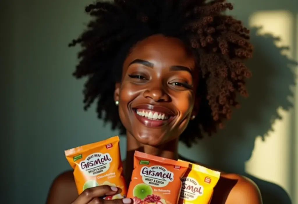 Mulher negra sorrindo enquanto prepara lanches saudáveis para viagem