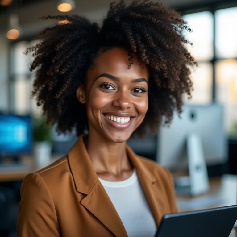 Mulher negra sorrindo enquanto segura um processador de computador.