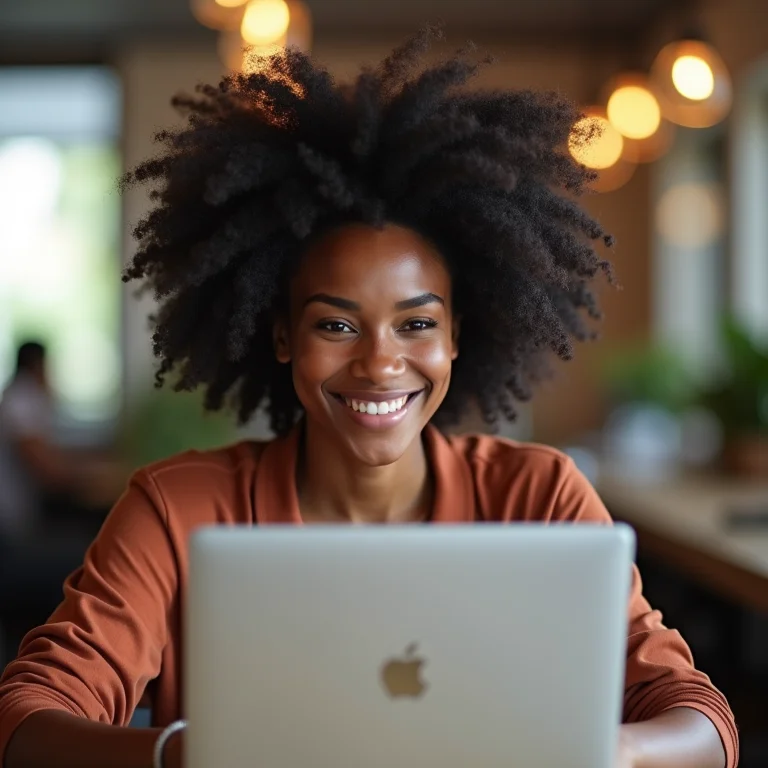 Mulher negra sorrindo enquanto trabalha offline no Google Docs.