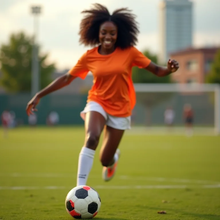 Mulher negra sorrindo jogando futebol, representando os sonhos de Pelé