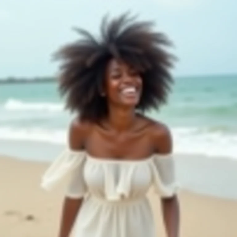 Mulher negra sorrindo na praia de Boipeba