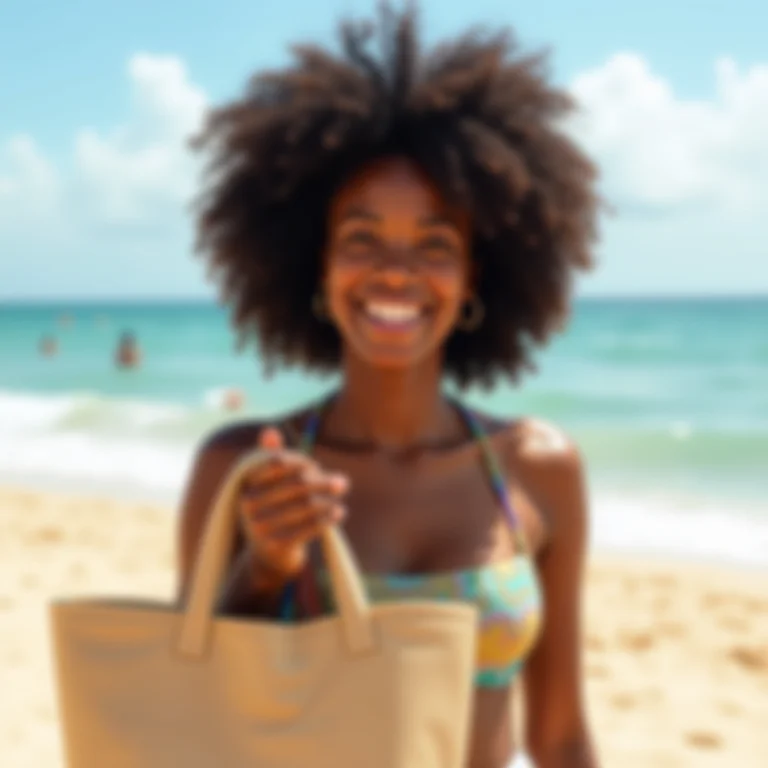 Mulher negra sorrindo na praia de Ipanema com bolsa de praia