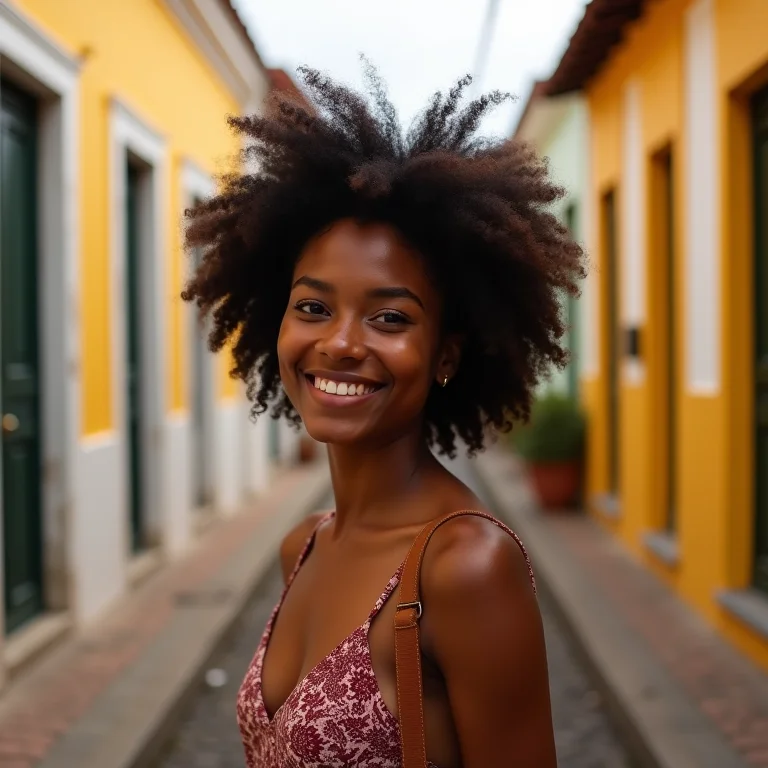 Mulher negra sorrindo nas ruas históricas de Trancoso