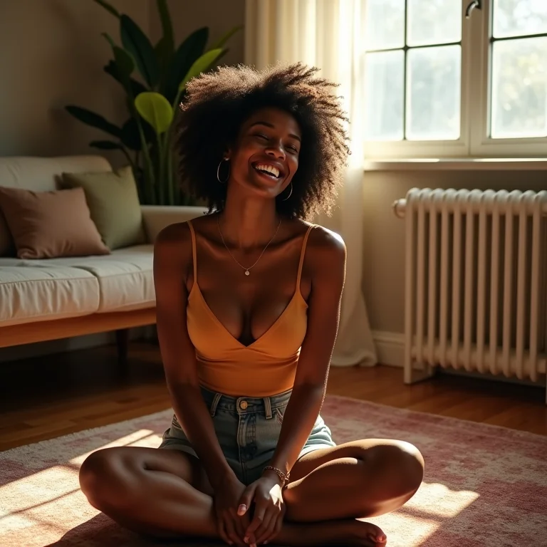 Mulher negra sorrindo sentada em um tapete aconchegante