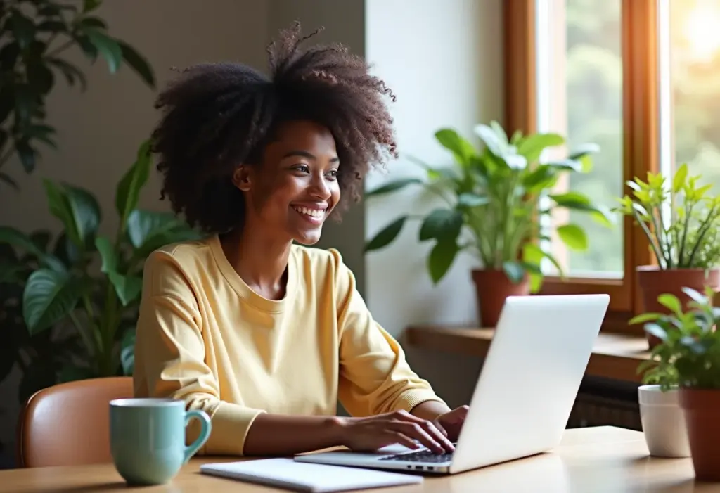 Mulher negra sorrindo trabalhando remotamente.