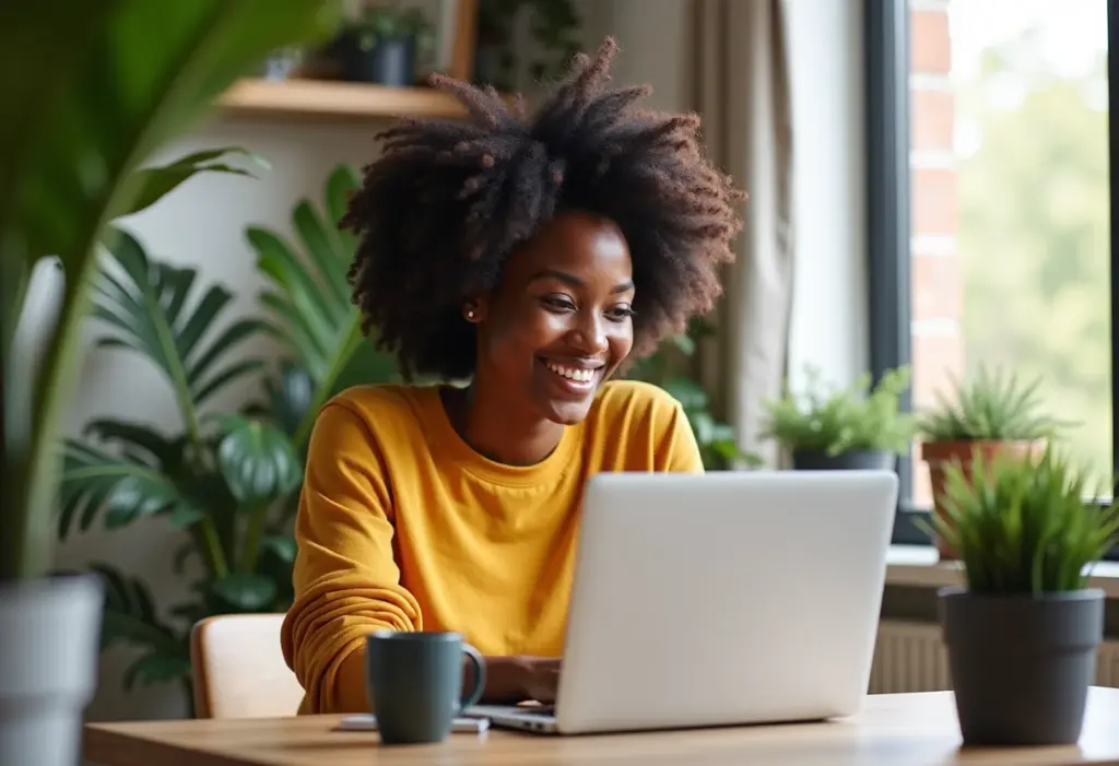 Pesquisas Online: O segredo para ganhar dinheiro sem sair de casa Mulher negra sorrindo trabalhando remotamente em casa