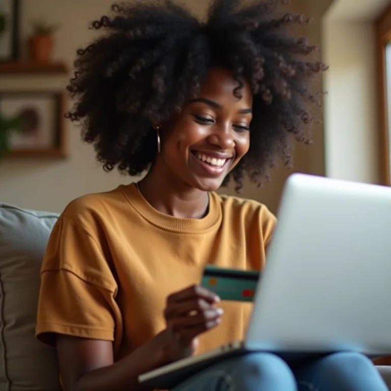 Mulher negra sorrindo usando laptop para criar promoção online