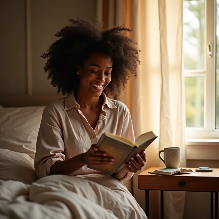 Mulher negra sorrindo usando mesa de cabeceira suspensa