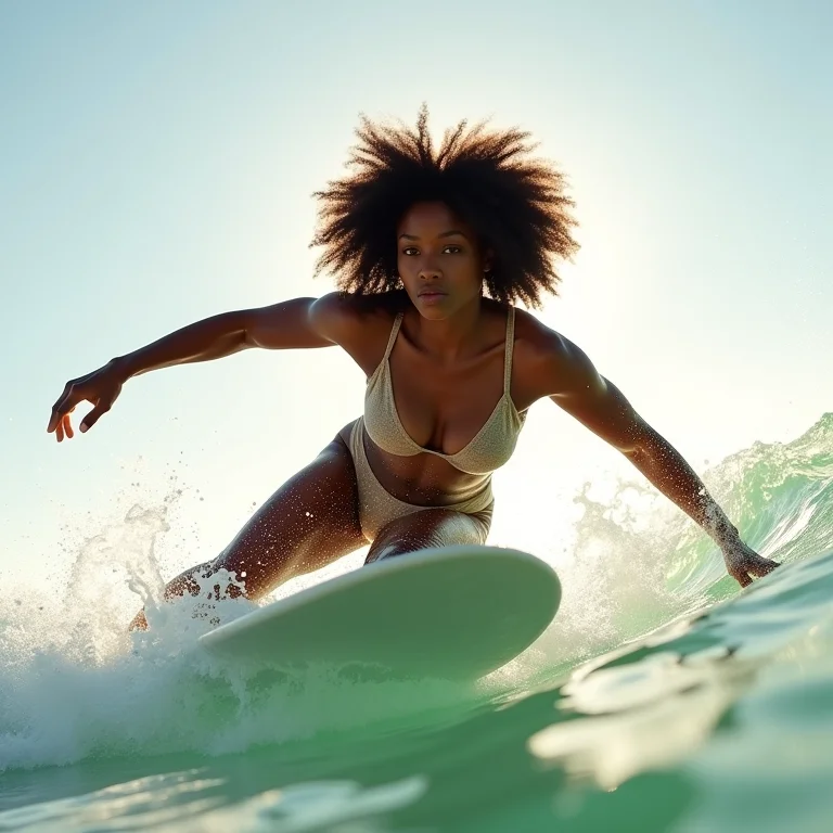 Mulher negra surfando com elegância em uma onda.