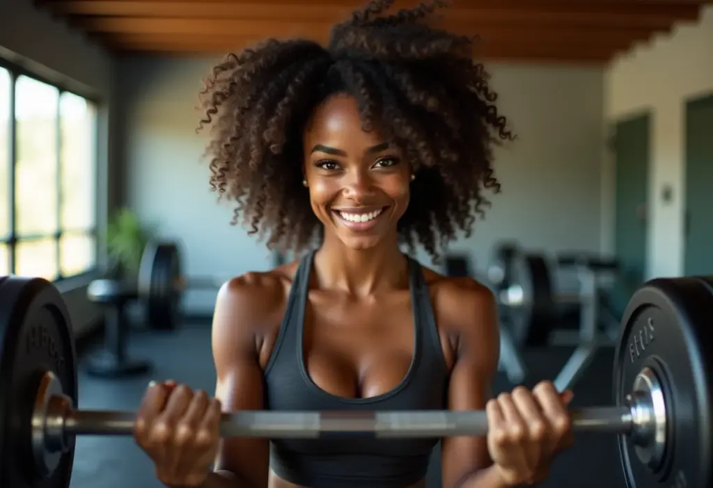 Mulher negra treinando em academia moderna.