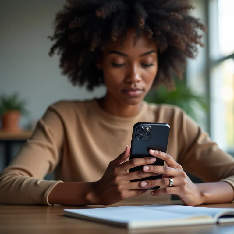 Mulher negra usando o Niagara Launcher em seu celular