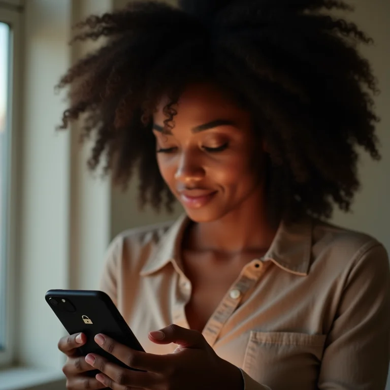 Mulher negra verificando certificado de segurança em smartphone