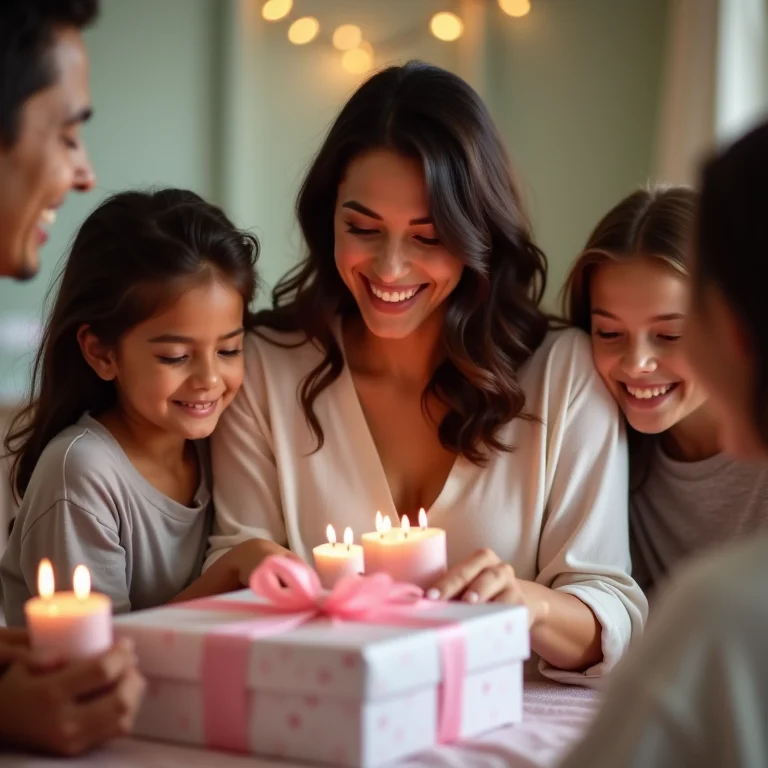 Mulher parda abrindo presentes de bebê em um chá de bebê