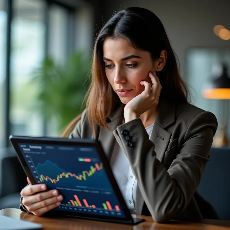 Mulher parda analisando gráficos financeiros em um tablet no escritório.