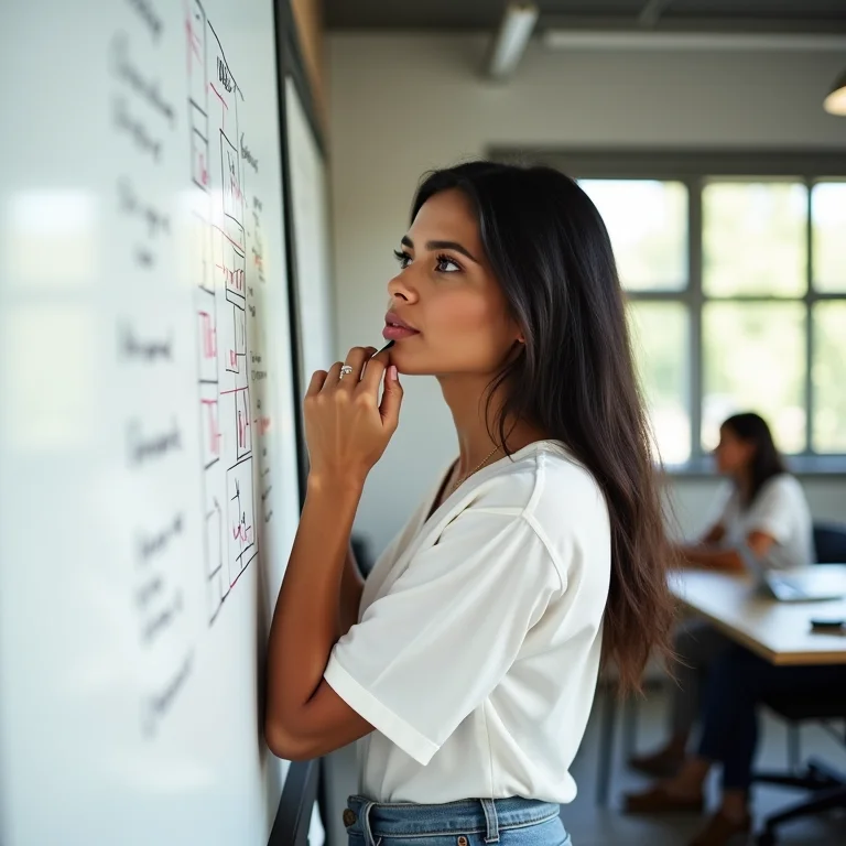 Mulher parda analisando perfis demográficos para pesquisa de satisfação