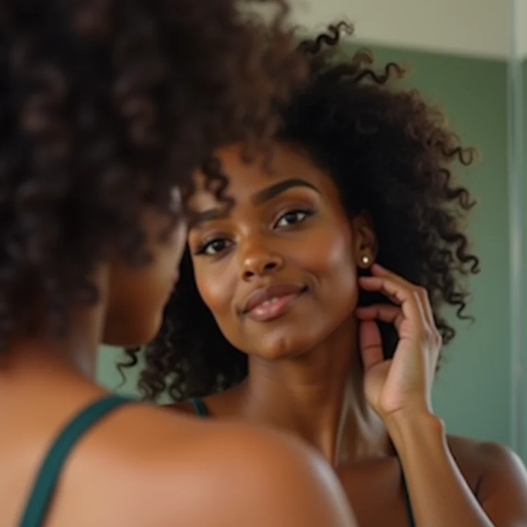 Mulher parda fazendo fitagem no cabelo cacheado