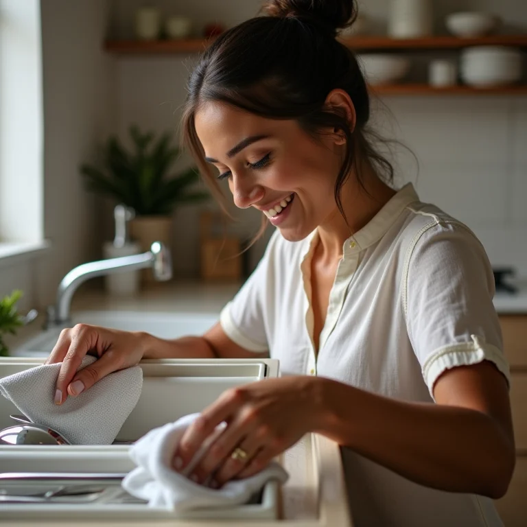 Mulher parda limpando gaveta de talheres organizada