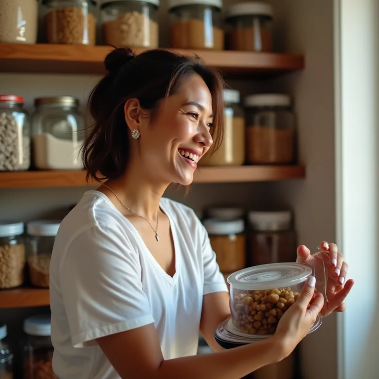 Mulher parda/latina admirando sua despensa organizada