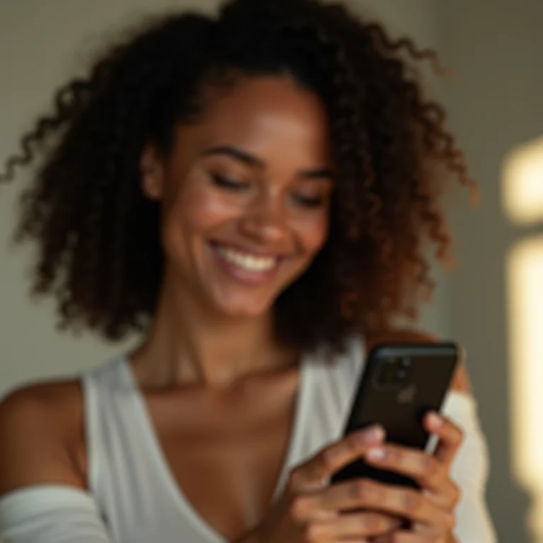 Mulher parda/latina confirmando que as fotos estão na nuvem no Google Fotos.