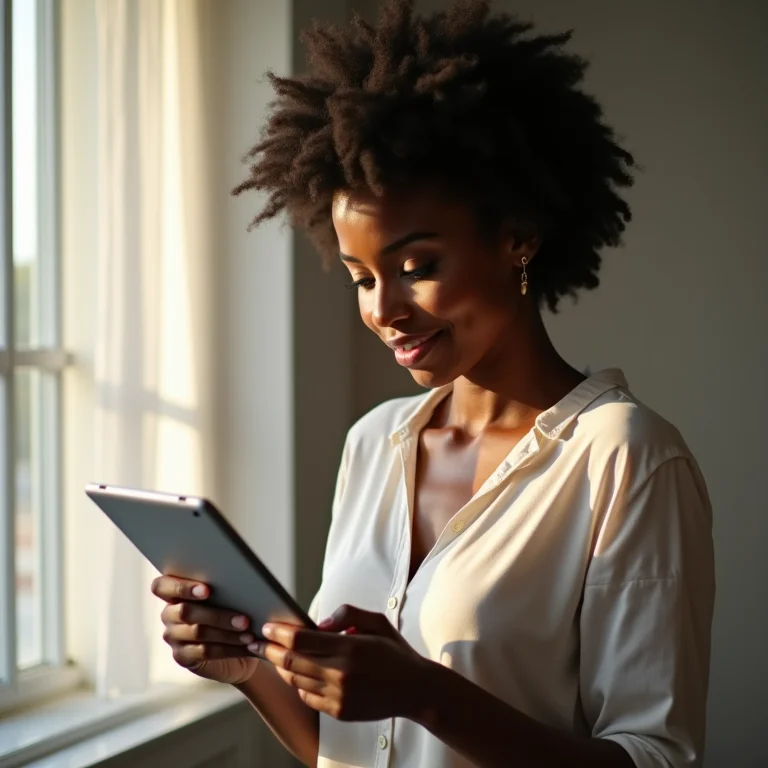 Mulher parda/latina criando conteúdo de valor em um tablet.