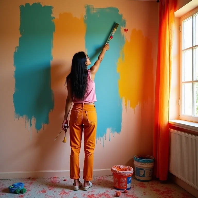 Mulher parda/latina pintando parede de destaque em sala colorida