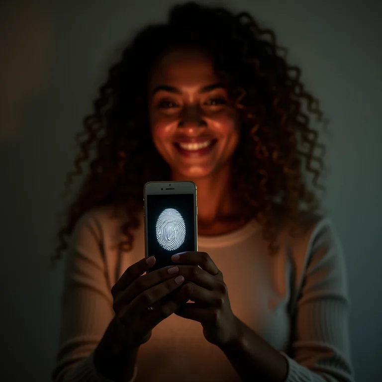 Mulher parda/latina usando autenticação por impressão digital em um smartphone, representando a segurança da blockchain