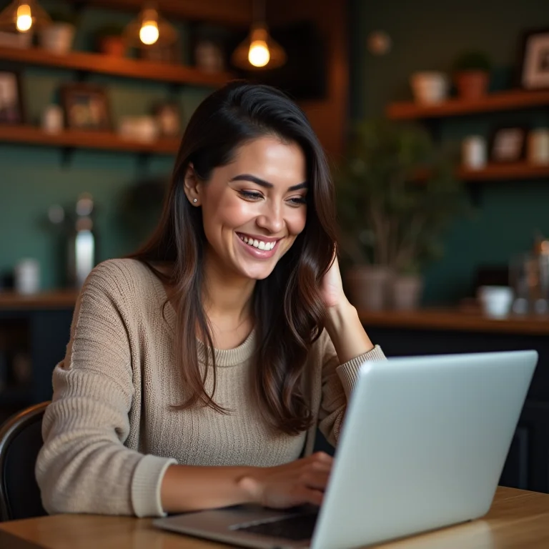 Mulher personalizando seu perfil no Tripadvisor em um café.