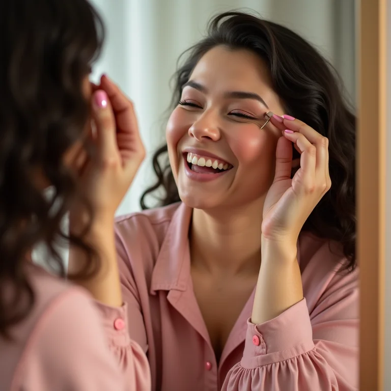 Mulher plus size aplicando maquiagem monocromática