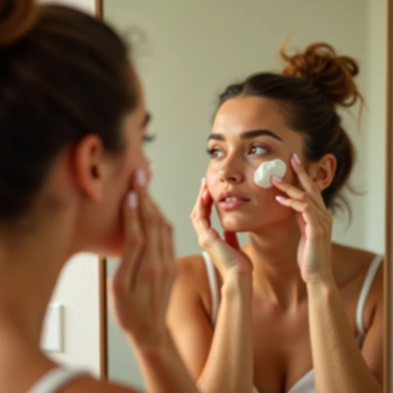 Mulher plus size aplicando protetor solar no rosto.