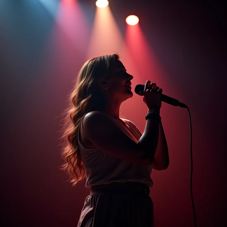 Mulher plus size cantando no palco durante um show.