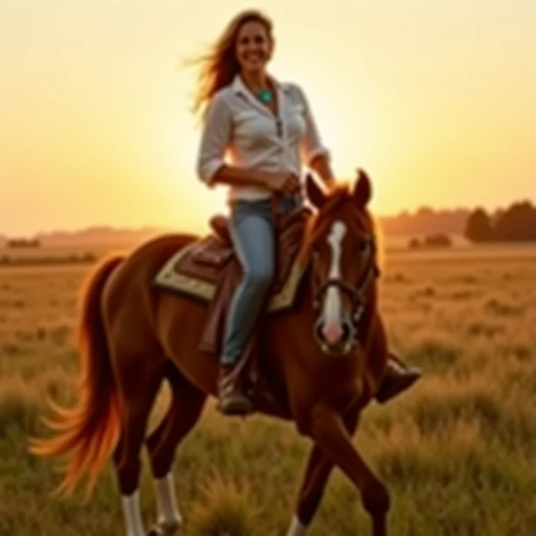 Mulher plus size cavalgando ao pôr do sol em estilo faroeste