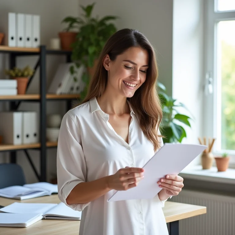 Mulher plus size conferindo lista de tarefas de limpeza.
