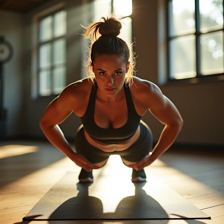 Mulher plus size fazendo burpees em academia ensolarada.