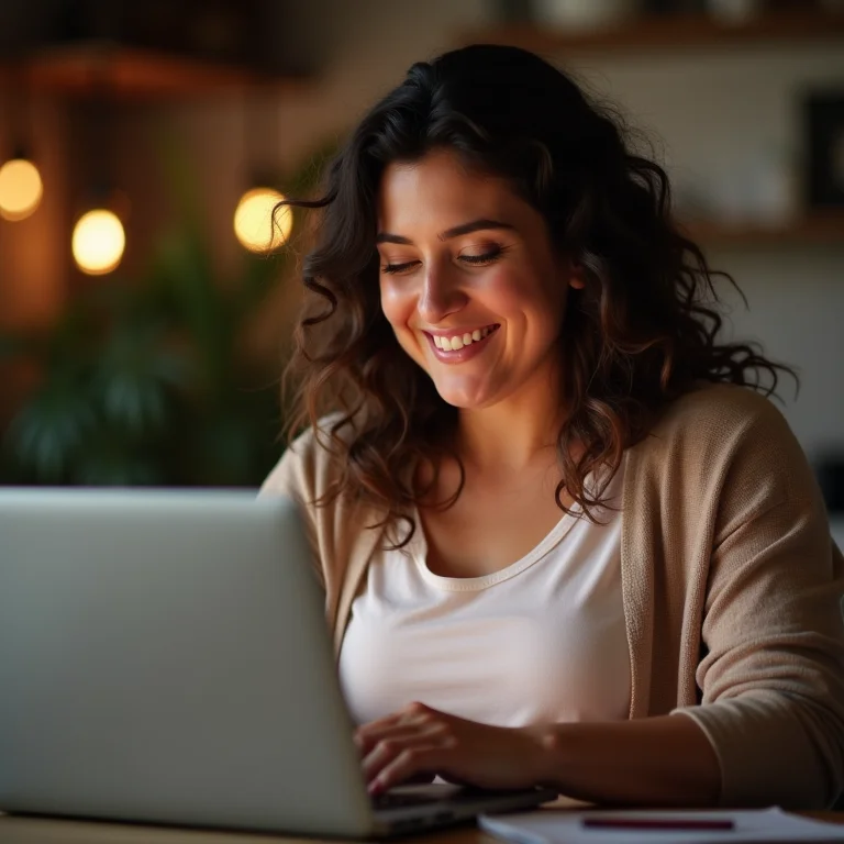 Mulher plus size lendo reviews de restaurantes em seu laptop