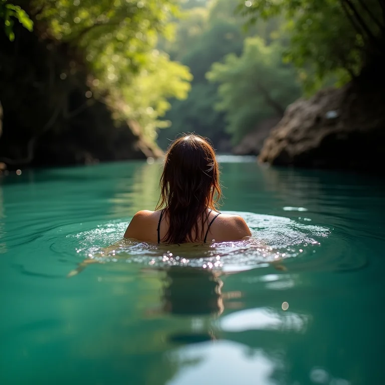 Mulher plus size nadando em rio de águas cristalinas em Caraíva