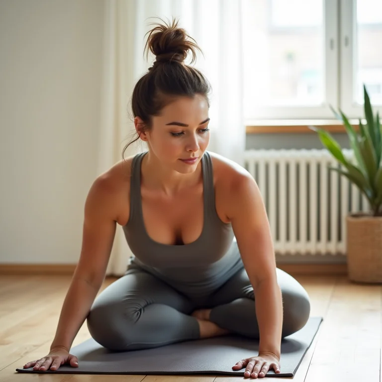 Mulher plus-size praticando Pilates no chão
