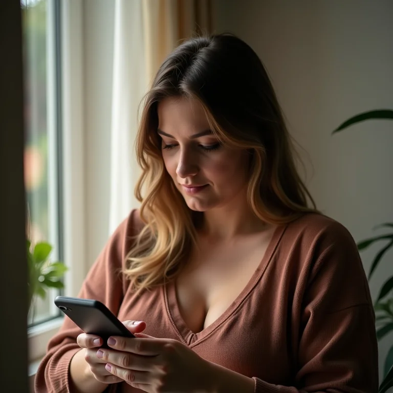 Mulher plus size refletindo sobre cuidados ao baixar vídeos do Instagram